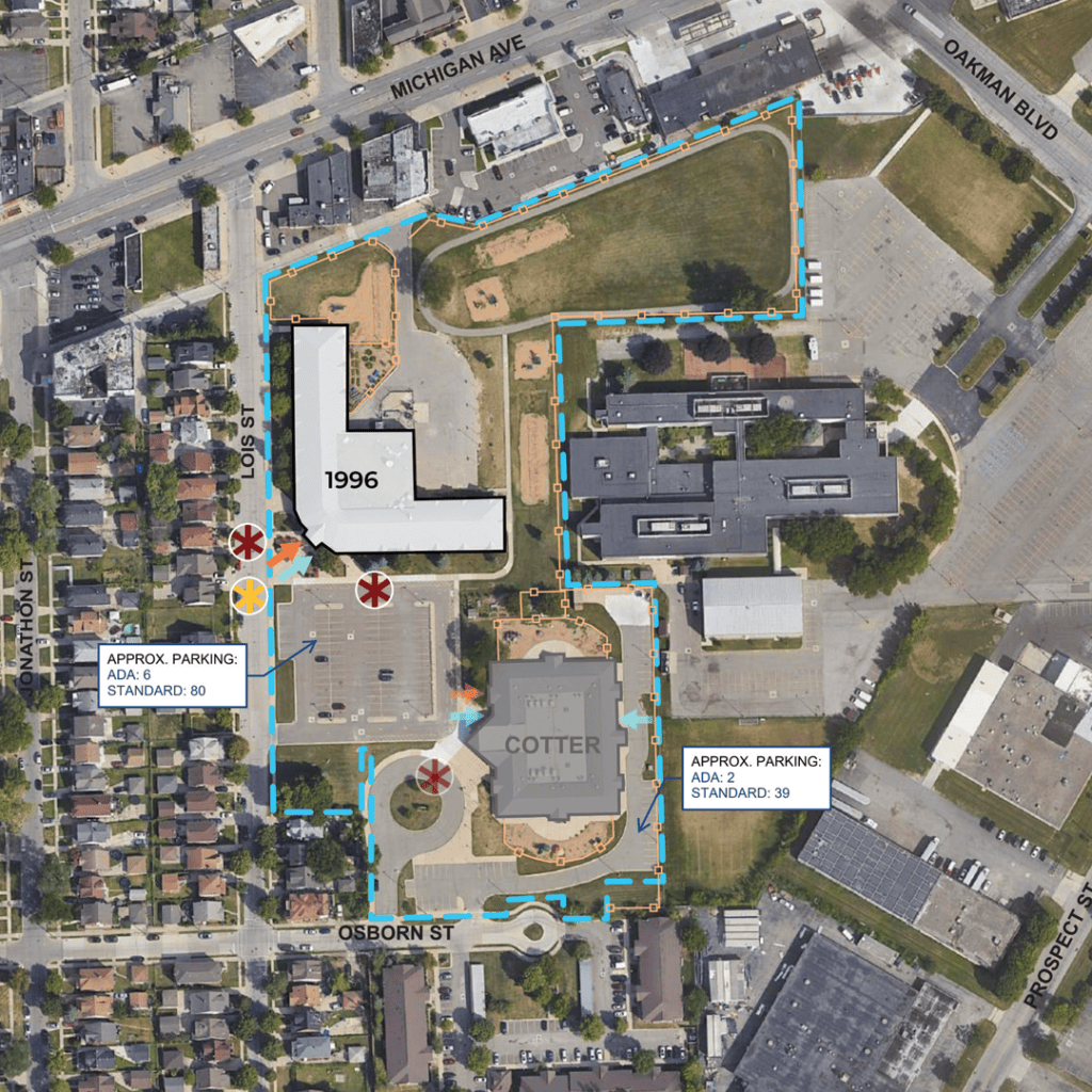 A satellite image showing that all of Miller Elementary was built in 1996. The site also includes Cotter Early Childhood Center as a separate building.