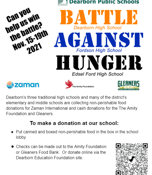 Battle Against Hunger- Miller Students, We are Collecting Cans and Non-Perishable Food!